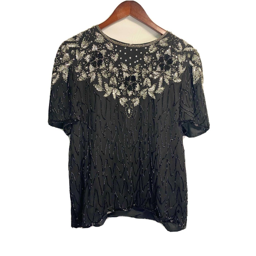 Vintage Mark And John By Sam Womens Floral Sequin 100% Silk Top Black Size Large